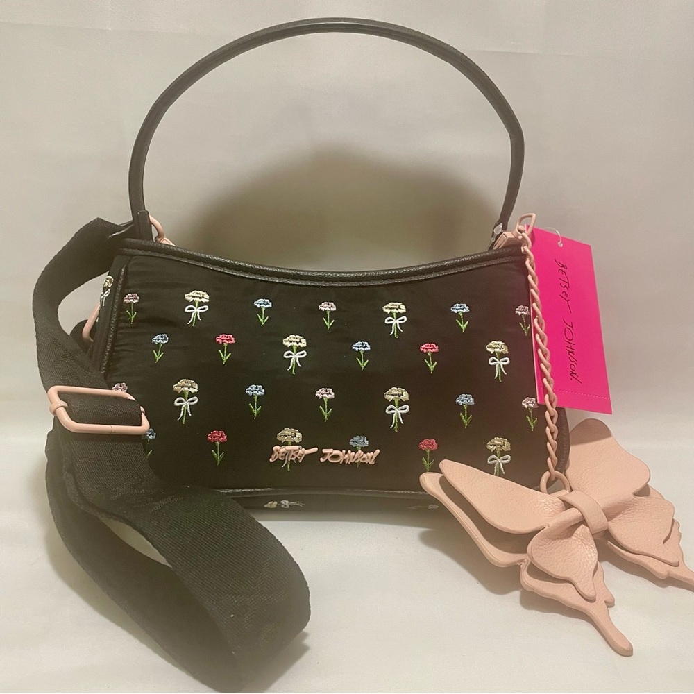 Betsey Johnson Black Floral Bows Crossbody Bag , NWT - Picture 3 of 16